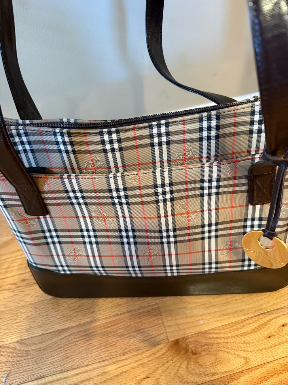 Burberry Beige Plaid Tote with Black and Brown Trim